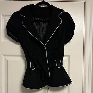 Maurices Black Short Sleeve Belted Blazer White Piping Contrast Trim - Large